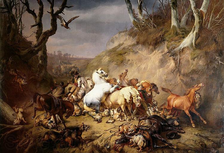 Eugene Verboeckhoven Hungry Wolves Attacking a Group of Horsemen France oil painting art